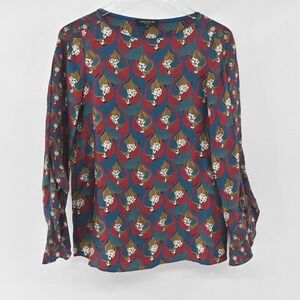 LAFAYETTE 148 Womens Empress Silk Top Size XS Teal Red Ruffle Sleeve Emory Boho